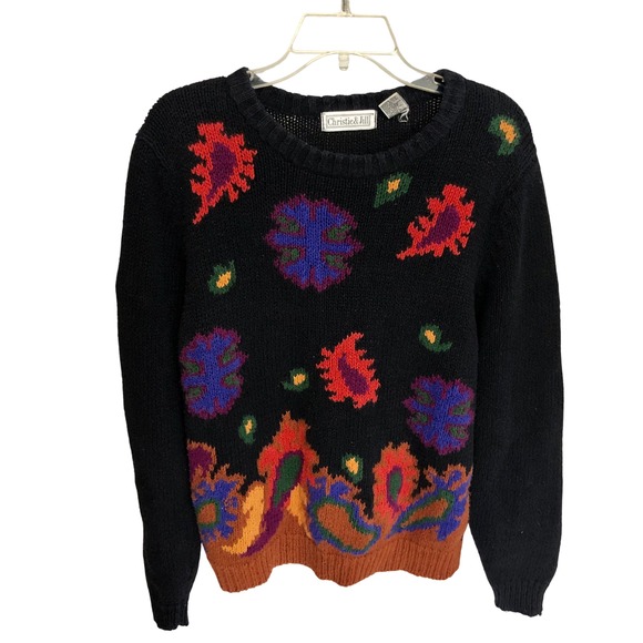Vintage Sweaters - Christie & Jill Sweater Womens S Navy Blue Floral Knit Retro Paisley Vintage 90s